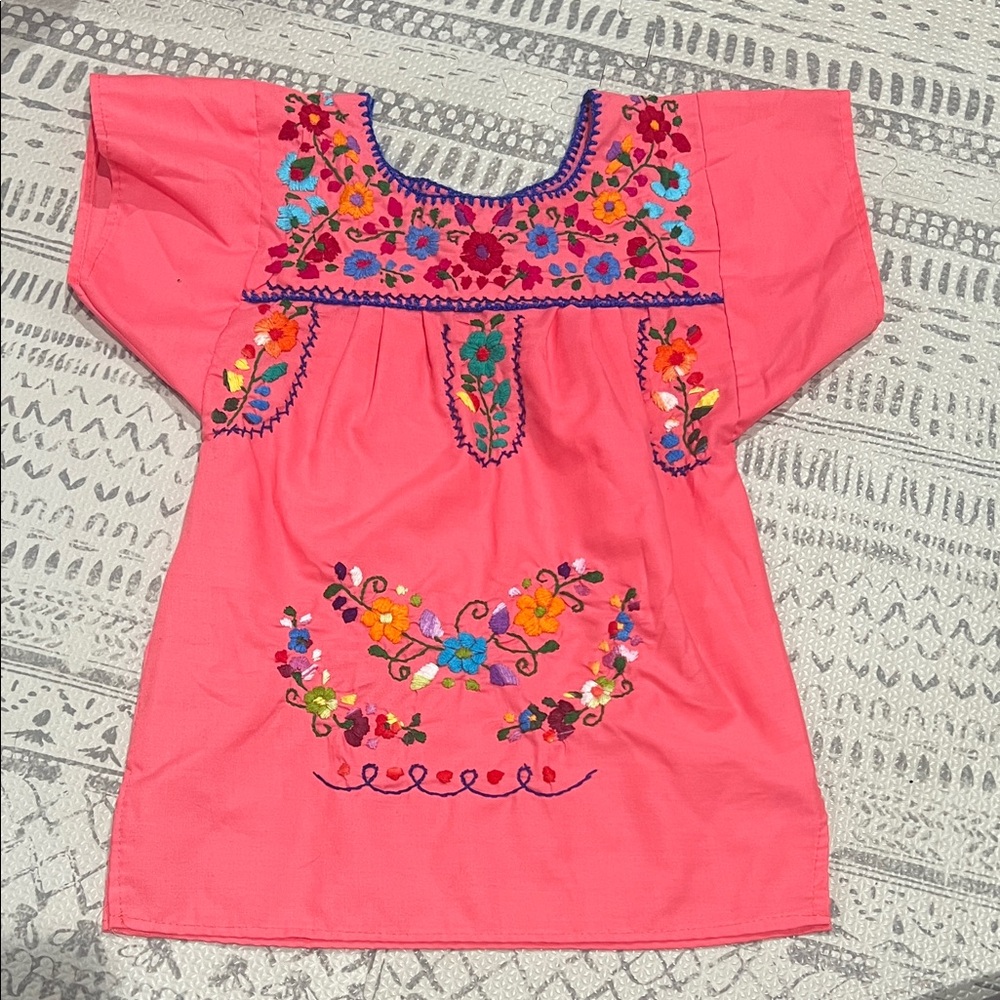 🌺 Handmade Mexican Embroidered Cotton Dress — Pink/Coral Kids Size 2-3T 🇲🇽